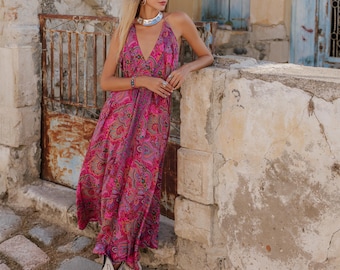 Pink Bohemian Long Paisley Print Halter Dress || Colorful Polyester Backless Summer Maxi  Dress || V Neckline Lightweight Free size Dress