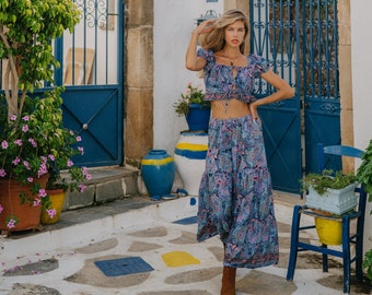 Long Bohemian Skirt || Paisley Print Flared Skirt || Fluid Petticoat with Ruffle ||  Elasticated Belt Boho Skirt || Bohemian Clothing