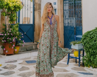 Bohemian Sea Green Halter Dress || Long Ruffled Open Back Dress || Summer Free Size Flowy Dress || Backless Ethnic Floral Print Dress