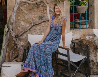 Long Boho Dress With Ruffles || Blue Paisley Print Flowy Dress || Printed Maxi Summer Dress