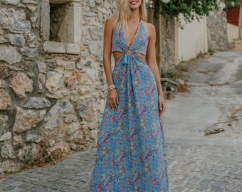 Backless Dress With Ring on the Front and Opening Above The Hips || Open Back Dress with Sides Slit || Long Blue Printed Halter Dress