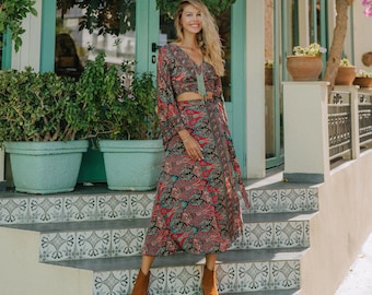 Long Black Bohemian Skirt || Ethnic Print Flared Skirt || Colorful Summer Wrap Skirt || Free Size Paisley Printed Skirt