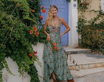 Long Backless Summer Sea Green Boho Dress || Free Size Fluid Wrap Dress  || Floral Print Backless Dress