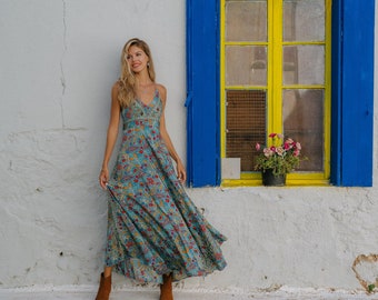 Bohemian Maxi Dress to Tie in the Back || Multicolor Floral Print Long Blue Dress || Flowy Backless Flared Summer Dress