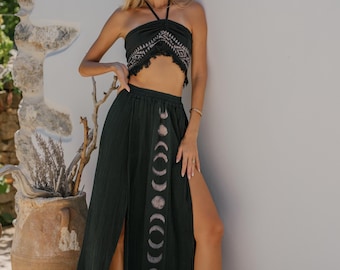 Black Bohemian Panel Skirt With Moon Phase Print || Open Cotton Voile Mystic Goddess Skirt || Long  Front Double Slit Skirt