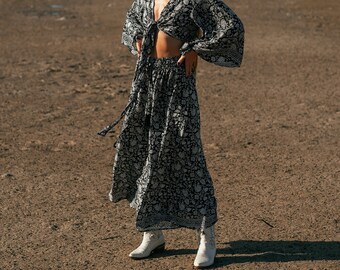 Bohemian Chic Wide Pants || Floral Print Flared Pants || Black And white Fluid Pants || Palazzo Trouser Free Size || Pants-skirt