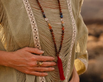 Mala Necklace Rudraksa Wood and  7 Chakras Rolled Stones || Long Hindu Necklace For Meditation || Natural Material Spiritual Jewelry