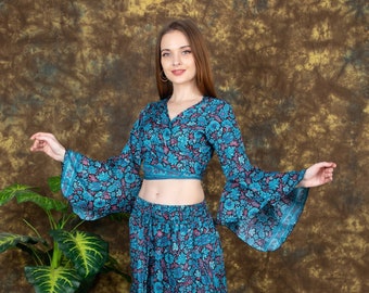Bohemian Chic Wrap Top || Flared Sleeve Fluid Top || Flowery Print Crop Top || Long Sleeve Top