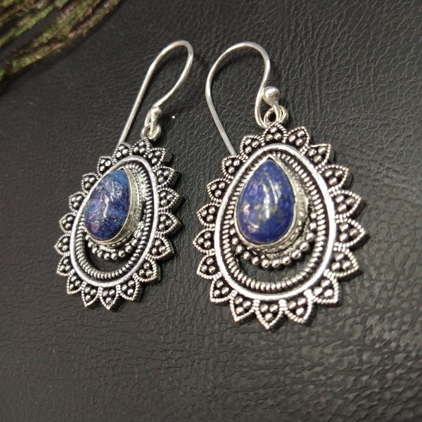 Boucles D'Oreilles Pendantes Argentées Avec Pierres Naturelles || Boucles D'Oreilles Bohème Chic En Forme De Goutte Avec Pierres Fines