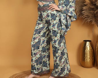 Boho Paisley Wrap Pants | Golden Highlight Print Wide Leg Trousers