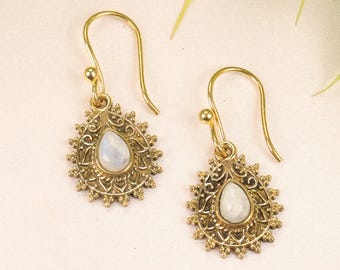 Boho Teardrop Stone Earrings | Tribal Filigree Drop Earrings | Ethnic Brass Jewelry | Nomadic Handmade Earrings | Gypsy Spiritual Style