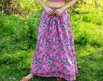 Long Pink Floral Print Polyester Skirt || Flowy V-Belt Bohemian Maxi Petticoat || Boho Summer Clothing