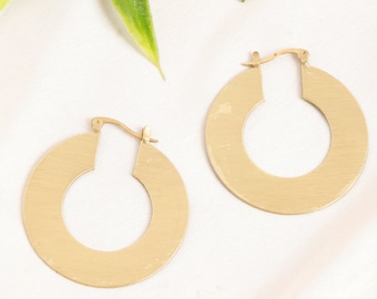 Flat Circle Minimalist Hoop Earrings || Thin Brushed Matte Brass Hoops Earrings ||  Timeless Women's Hoop Earrings