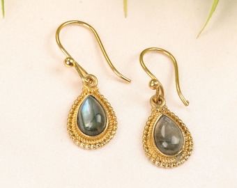 Boho Teardrop Stone Earrings | Tribal Brass Drop Earrings | Ethnic Dotted Frame Jewelry | Everyday Handmade Earrings | Bohemian Style