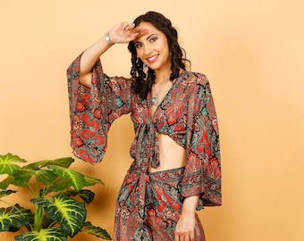 Bohemian Black Wrap Top || Flowy Top with Long Flared Sleeves || Paisley Print Crop Top || Umbrella Sleeves Cropped Top