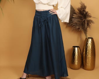 Viscose Maxi Skirt | Lace Up Waist, Renaissance Boho Festival Costume