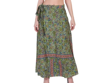Bohemian Green Long Skirt || Paisley Print Flared Skirt || Colorful Wrap Around Skirt || Free Size Summer Fluid Skirt