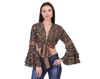 Bohemian Wrap Top || Umbrella Sleeves Crop Top || Cashmere Print Top || Black Ethnic Chic Top || Long Sleeve Free Spirit Top