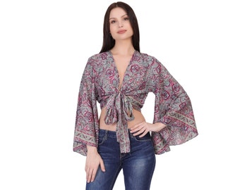 Flowy Bohemian Wrap Top with Flared Sleeves || Ethnic Cashmere Print Tie Crop Top