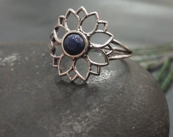 Rosette Adjustable Ring With Semi Precious Stone || Bohemian  Adjustable Brass Ring with GemStone || Mandala Ethnic Ring with Natural Stone