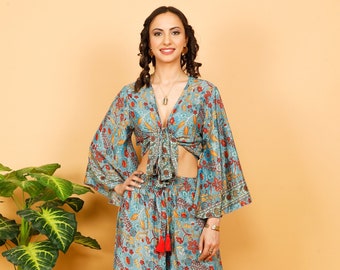 Bohemian Blue Wrap Top || Flowy Top with Long Flared Sleeves || Floral Print Crop Top || Umbrella Sleeves Cropped Top