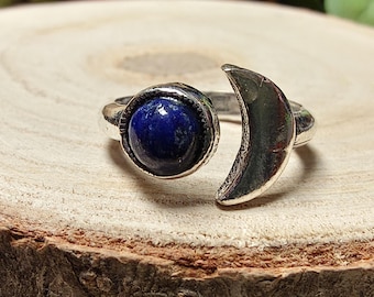Moon Crescent Adjustable Ring With Semi Precious Stone || Boho Brass Ring With Natural Stone || Ethnic Ring with with Celestial Design
