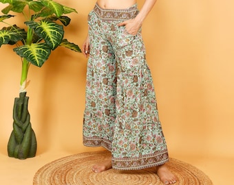 Bohemian Fitted Wide Pants || Floral Print Flared Pants || Fluid  Low Waist Pants