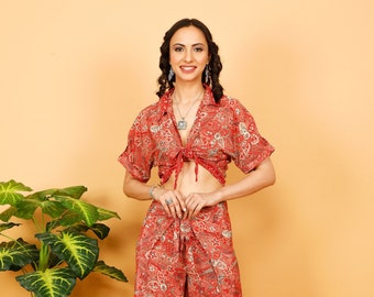 Floral Print Cropped Top || Bohemian Crop Top To Tie || Short Sleeves Summer Top || Shirt Collar Crop Top