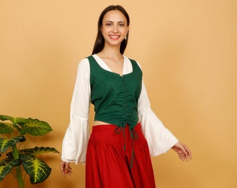 Green Medieval Inspired Lacing Bodice || Viking Sleeveless Cotton Short Vest || Celtic Corset Style Top