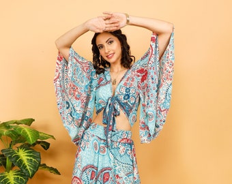 Bohemian Wrap Top || Flowy Top with Long Flared Sleeves || Floral Print Crop Top || Umbrella Sleeves Cropped Top