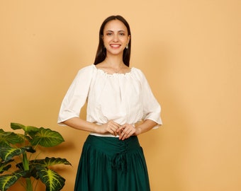 Medieval-Inspired Off-White Cotton Bohemian Blouse ||  Elasticated Waist Bodice Gathered Boat Neckline || Loose Cropped Top With 3/4 Sleeves