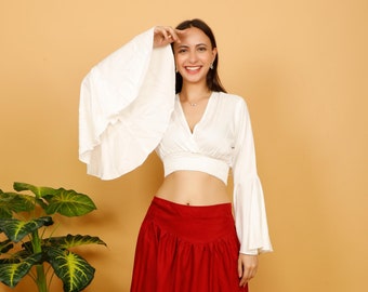 Off White Bohemian Short Blouse || Plain Viscose  Waist Elasticated Medieval Bodice || V Neckline Top With Long Umbrella Sleeves