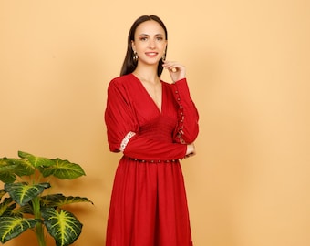 Long Wine Medieval Dress With Ruffles || Cotton Princess Dress Adorn With Golden Lace || Fitted Dress With Long Buttoned Puffed Sleeves