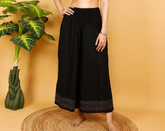 Hand Printed Black Bohemian Flair Trousers || Raw Cotton Palazzo Pants