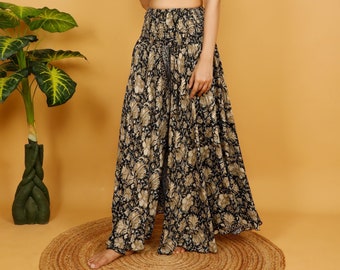 Black Bohemian Wide Pants || Floral Print Flared Pants ||  Fluid Summer Pants || Palazzo Trouser Free Size || Polyester Pants-Skirt