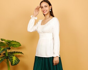Empire Waist Gathered Neckline Top || Long Off White Boho Blouse  || Viscose Medieval Bodice || Fitted Top With Long Elasticated Sleeves