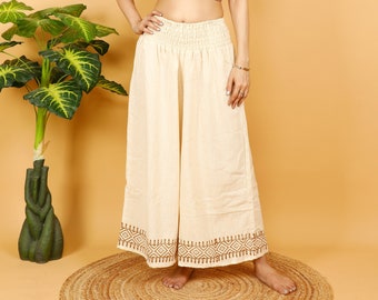 Hand Printed Off White Bohemian Flair Trousers || Raw Cotton Palazzo Pants