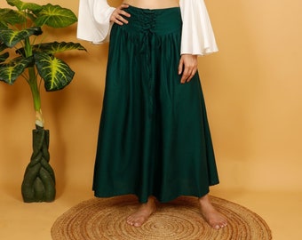 Medieval Plain Skirt With Laced Belt || Corset Belt Viscose Long  Flowing Skirt || Boho Bottle Green Color Free Size Petticoat