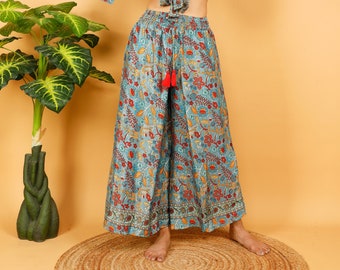 Bohemian Chic Wide Pants || Floral Print Flared Pants || Mineral Blue Fluid Pants || Palazzo Trouser Free Size || Pants-skirt