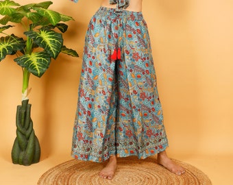 Pantalón Ancho Boho Chic // Pantalón Acampanado Estampado Floral // Pantalón Fluido Azul Mineral // Pantalón Palazzo Talla Libre // Pantalón-falda