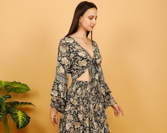 Bohemian Black Wrap Top || Umbrella Sleeves Fluid Top || Floral Print Crop Top || Long Sleeves Top
