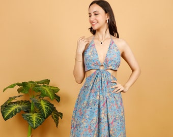 Backless Dress With Ring on the Front and Opening Above The Hips || Open Back Dress with Sides Slit || Long Blue Printed Halter Dress