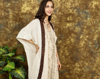 Raw Cotton Kimono || Kimono With Ethnic Patterns Border || Bohemian Openwork Kimono || Natural Material Shamanic Kimono || Light Summer Vest