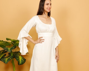 Long Off White Bohemian Dress With Medieval Princess Style Ruffled Sleeves || Plain Viscose Empire Waist Gathered Neckline Wedding Dress