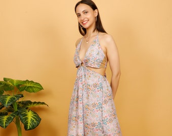 Long Pink Floral Print Halter Dress || Backless Dress With Ring on the Front and Opening Above The Hips || Open Back Dress with Sides Slit