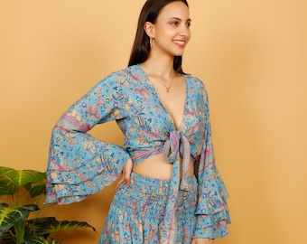 Bohemian Blue Wrap Top || Umbrella Sleeves Fluid Top || Floral Print Crop Top || Long Sleeves Top