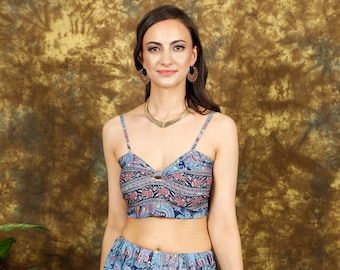 Bohemian Twist Front Crop Top || Paisley Print Ruched Cami Top || Elasticated Back Crop Top