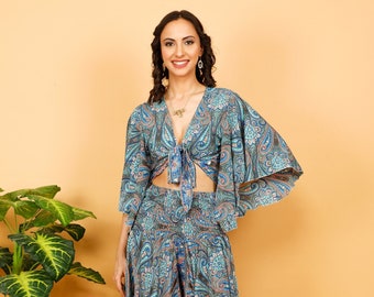 Bohemian Wrap Paisley Top || Flowy Top with Long Flared Sleeves || Ethnic Print Crop Top || Umbrella Sleeves Cropped Top