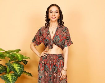 Paisley Print Cropped Top || Bohemian Crop Top To Tie || Short Sleeve Summer Top || Crop Top Shirt Collar