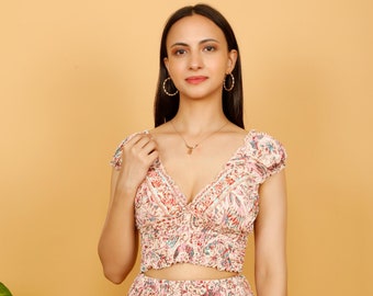 Boho Floral Print Fitted Croptop || Short Sleeves Smocked Top || Elasticated Printed Sort Bodice
